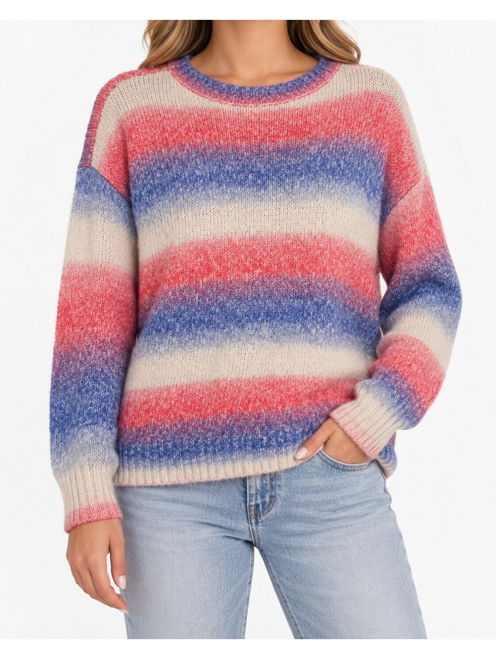 LOFT L Pink Blue Cream Ombre Stripe Knit Sweater Crewneck Pullover
